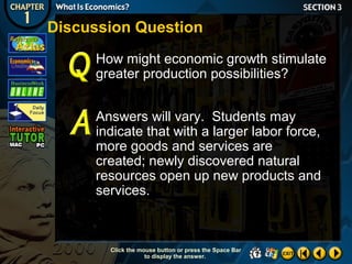 Discussion Question
How might economic growth stimulate
greater production possibilities?
Answers will vary. Students may
indicate that with a larger labor force,
more goods and services are
created; newly discovered natural
resources open up new products and
services.

Click the mouse button or press the Space Bar
to display the answer.

 