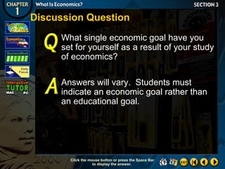 Discussion Question
What single economic goal have you
set for yourself as a result of your study
of economics?
Answers will vary. Students must
indicate an economic goal rather than
an educational goal.

Click the mouse button or press the Space Bar
to display the answer.

 