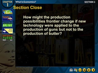 Section Close
How might the production
possibilities frontier change if new
technology were applied to the
production of guns but not to the
production of butter?

 