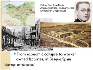 From economic collapse to worker
owned factories, in Basque Spain
Father Don Jose Maria
Arizmendiarrieta, visionary of the
Mondragon Cooperatives
“Savings or suitcases”
 