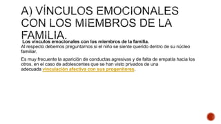 Los vínculos emocionales con los miembros de la familia.
Al respecto debemos preguntarnos si el niño se siente querido dentro de su núcleo
familiar.
Es muy frecuente la aparición de conductas agresivas y de falta de empatía hacia los
otros, en el caso de adolescentes que se han visto privados de una
adecuada vinculación afectiva con sus progenitores.
 