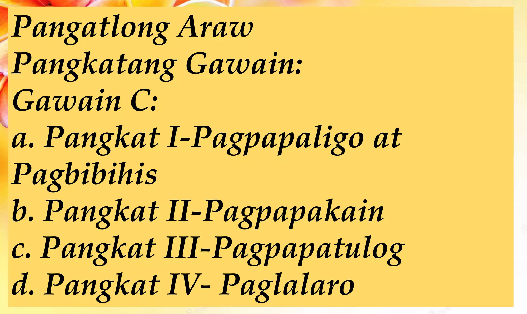 Pangatlong Araw
Pangkatang Gawain:
Gawain C:
a. Pangkat I-Pagpapaligo at
Pagbibihis
b. Pangkat II-Pagpapakain
c. Pangkat III-Pagpapatulog
d. Pangkat IV- Paglalaro
 
