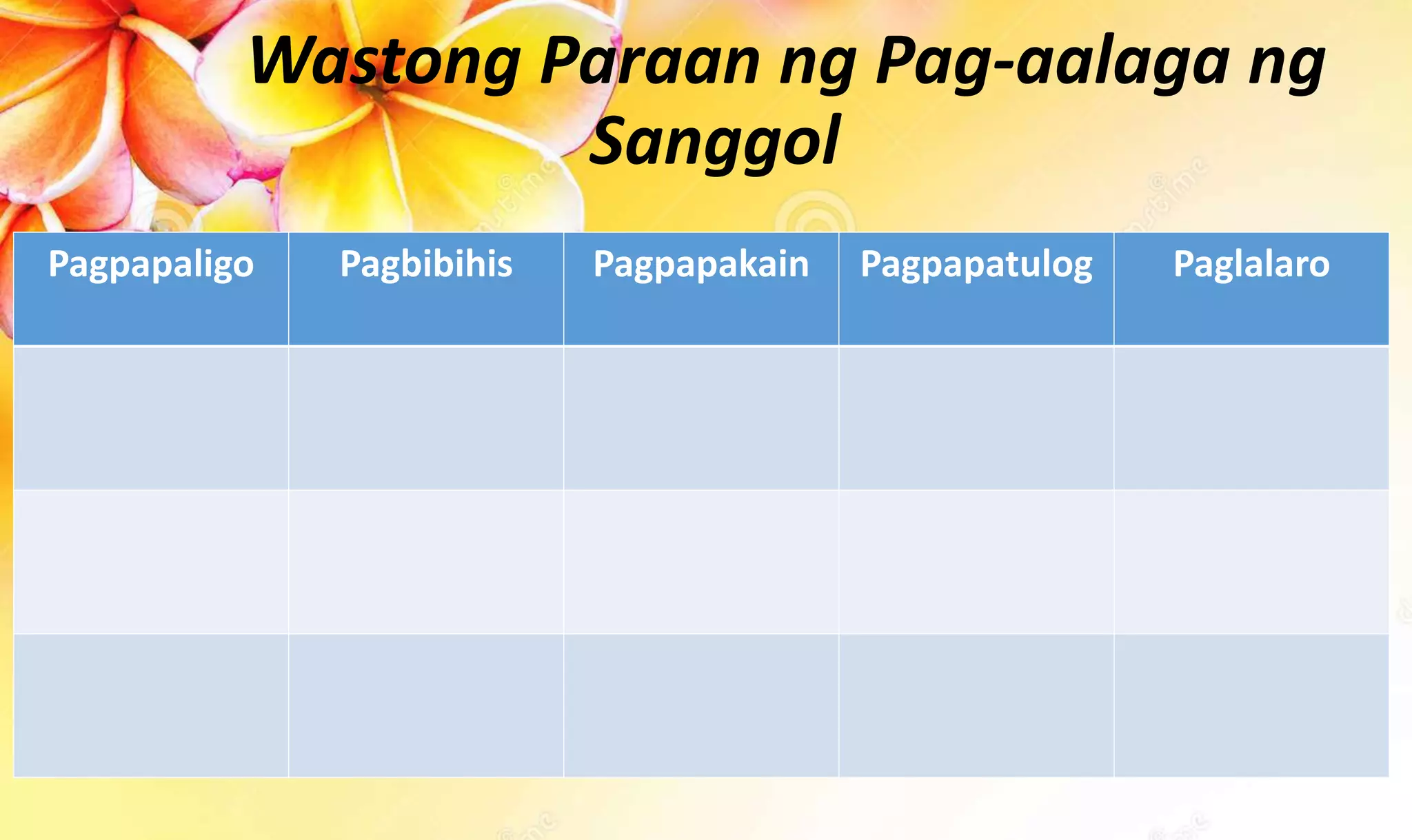 Wastong Paraan ng Pag-aalaga ng
Sanggol
Pagpapaligo Pagbibihis Pagpapakain Pagpapatulog Paglalaro
 