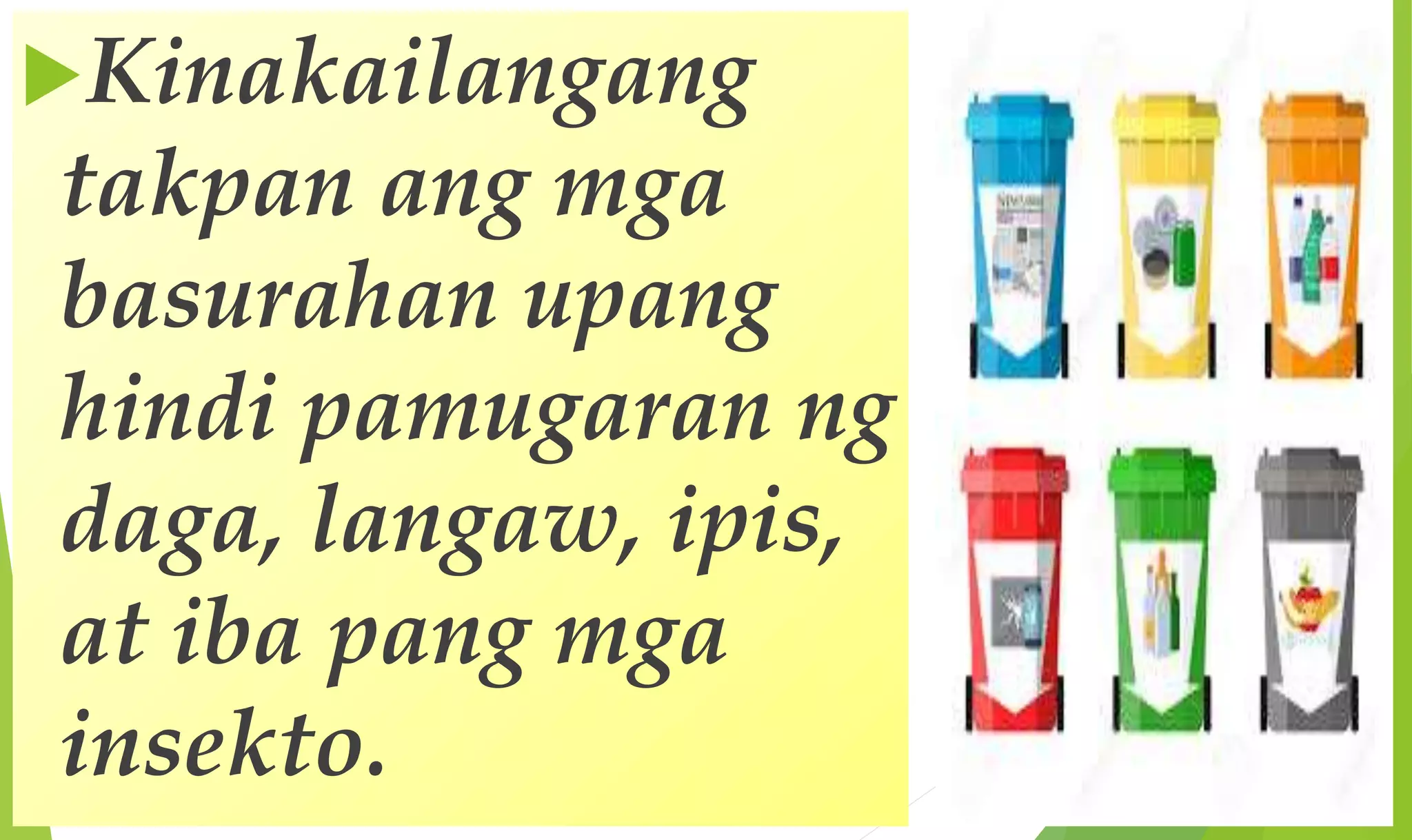Kinakailangang
takpan ang mga
basurahan upang
hindi pamugaran ng
daga, langaw, ipis,
at iba pang mga
insekto.
 
