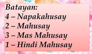 Batayan:
4 – Napakahusay
2 – Mahusay
3 – Mas Mahusay
1 – Hindi Mahusay
 