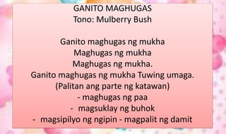 GANITO MAGHUGAS
Tono: Mulberry Bush
Ganito maghugas ng mukha
Maghugas ng mukha
Maghugas ng mukha.
Ganito maghugas ng mukha Tuwing umaga.
(Palitan ang parte ng katawan)
- maghugas ng paa
- magsuklay ng buhok
- magsipilyo ng ngipin - magpalit ng damit
 