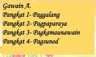 Gawain A.
Pangkat I- Paggalang
Pangkat 2- Pagpaparaya
Pangkat 3- Pagkamaunawain
Pangkat 4- Pagsunod
 