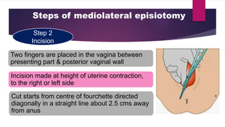 Steps of mediolateral episiotomy
Step 2
Incision
Two fingers are placed in the vagina between
presenting part & posterior vaginal wall
Cut starts from centre of fourchette directed
diagonally in a straight line about 2.5 cms away
from anus
Incision made at height of uterine contraction,
to the right or left side
 