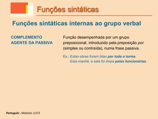 COMPLEMENTO
AGENTE DA PASSIVA
Função desempenhada por um grupo
preposicional, introduzido pela preposição por
(simples ou contraída), numa frase passiva.
Ex.: Estas obras foram lidas por toda a turma.
Esta manhã, a sala foi limpa pelas funcionárias.
Funções sintáticas
Funções sintáticas internas ao grupo verbal
Português - Módulos 1/2/3
 