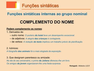 COMPLEMENTO DO NOME
Pedem complemento os nomes:
1. Derivados de:
– outro nome: O porteiro do hotel teve um desempenho excecional.
– de adjetivos: A alegria das crianças é contagiante.
– de verbos: A redação do texto implicou um trabalho prévio de planificação.
2. Icónicos:
A fotografia dos animais foi a mais elogiada da exposição.
3. Que designam parentesco ou amizade:
No dia do seu aniversário, o primo da Juliana ofereceu-lhe um livro.
Os amigos da jovem organizaram-lhe uma festa-surpresa.
Funções sintáticas
Funções sintáticas internas ao grupo nominal
Português - Módulos 1/2/3
 