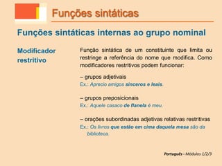 Modificador
restritivo
Função sintática de um constituinte que limita ou
restringe a referência do nome que modifica. Como
modificadores restritivos podem funcionar:
– grupos adjetivais
Ex.: Aprecio amigos sinceros e leais.
– grupos preposicionais
Ex.: Aquele casaco de flanela é meu.
– orações subordinadas adjetivas relativas restritivas
Ex.: Os livros que estão em cima daquela mesa são da
biblioteca.
Funções sintáticas
Funções sintáticas internas ao grupo nominal
Português - Módulos 1/2/3
 