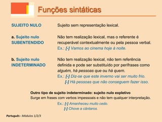 SUJEITO NULO Sujeito sem representação lexical.
a. Sujeito nulo
SUBENTENDIDO
Não tem realização lexical, mas o referente é
recuperável contextualmente ou pela pessoa verbal.
Ex.: [-] Vamos ao cinema hoje à noite.
b. Sujeito nulo
INDETERMINADO
Não tem realização lexical, não tem referência
definida e pode ser substituído por perífrases como
alguém, há pessoas que ou há quem.
Ex.: [-] Diz-se que este inverno vai ser muito frio.
[-] Há pessoas que não conseguem fazer isso.
Outro tipo de sujeito indeterminado: sujeito nulo expletivo
Surge em frases com verbos impessoais e não tem qualquer interpretação.
Ex.: [-] Amanheceu muito cedo.
[-] Chove a cântaros.
Funções sintáticas
Português - Módulos 1/2/3
 