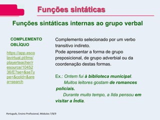 COMPLEMENTO
OBLÍQUO
Complemento selecionado por um verbo
transitivo indireto.
Pode apresentar a forma de grupo
preposicional, de grupo adverbial ou da
coordenação destas formas.
Ex.: Ontem fui à biblioteca municipal.
Muitos leitores gostam de romances
policiais.
Durante muito tempo, a Ilda pensou em
visitar a Índia.
Funções sintáticas internas ao grupo verbal
Funções sintáticas
Português, Ensino Profissional, Módulos 7/8/9
https://app.esco
lavirtual.pt/lms/
playerteacher/r
esource/10452
36/E?se=&seTy
pe=&coId=&are
a=search
 