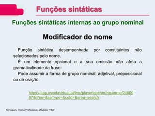 Modificador do nome
Função sintática desempenhada por constituintes não
selecionados pelo nome.
É um elemento opcional e a sua omissão não afeta a
gramaticalidade da frase.
Pode assumir a forma de grupo nominal, adjetival, preposicional
ou de oração.
Funções sintáticas internas ao grupo nominal
Funções sintáticas
Português, Ensino Profissional, Módulos 7/8/9
https://app.escolavirtual.pt/lms/playerteacher/resource/24609
87/E?se=&seType=&coId=&area=search
 