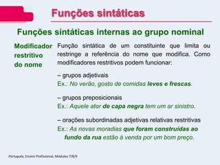 Modificador
restritivo
do nome
Função sintática de um constituinte que limita ou
restringe a referência do nome que modifica. Como
modificadores restritivos podem funcionar:
– grupos adjetivais
Ex.: No verão, gosto de comidas leves e frescas.
– grupos preposicionais
Ex.: Aquele ator de capa negra tem um ar sinistro.
– orações subordinadas adjetivas relativas restritivas
Ex.: As novas moradias que foram construídas ao
fundo da rua estão à venda por um bom preço.
Funções sintáticas internas ao grupo nominal
Funções sintáticas
Português, Ensino Profissional, Módulos 7/8/9
 