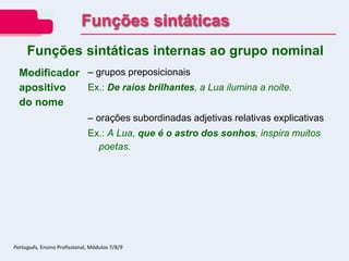 Modificador
apositivo
do nome
– grupos preposicionais
Ex.: De raios brilhantes, a Lua ilumina a noite.
– orações subordinadas adjetivas relativas explicativas
Ex.: A Lua, que é o astro dos sonhos, inspira muitos
poetas.
Funções sintáticas internas ao grupo nominal
Funções sintáticas
Português, Ensino Profissional, Módulos 7/8/9
 