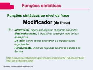 Modificador (de frase)
Ex.: Infelizmente, alguns passageiros chegaram atrasados.
Matematicamente, é impossível conseguir mais pontos
nesta prova.
De facto, vários atletas superaram as expetativas da
organização.
Politicamente, vivem-se hoje dias de grande agitação na
Europa.
Funções sintáticas ao nível da frase
Funções sintáticas
Português, Ensino Profissional, Módulos 7/8/9
https://app.escolavirtual.pt/lms/playerteacher/resource/1047058/E?se=&seT
ype=&coId=&area=search
 