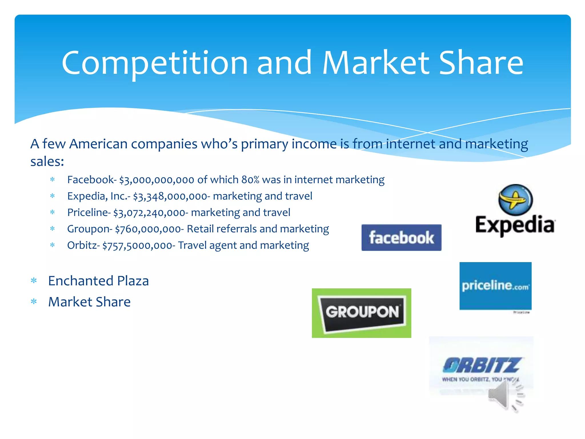 Competition and Market Share

A few American companies who’s primary income is from internet and marketing
sales:
     Facebook- $3,000,000,000 of which 80% was in internet marketing
     Expedia, Inc.- $3,348,000,000- marketing and travel
     Priceline- $3,072,240,000- marketing and travel
     Groupon- $760,000,000- Retail referrals and marketing
     Orbitz- $757,5000,000- Travel agent and marketing


  Enchanted Plaza
  Market Share
 