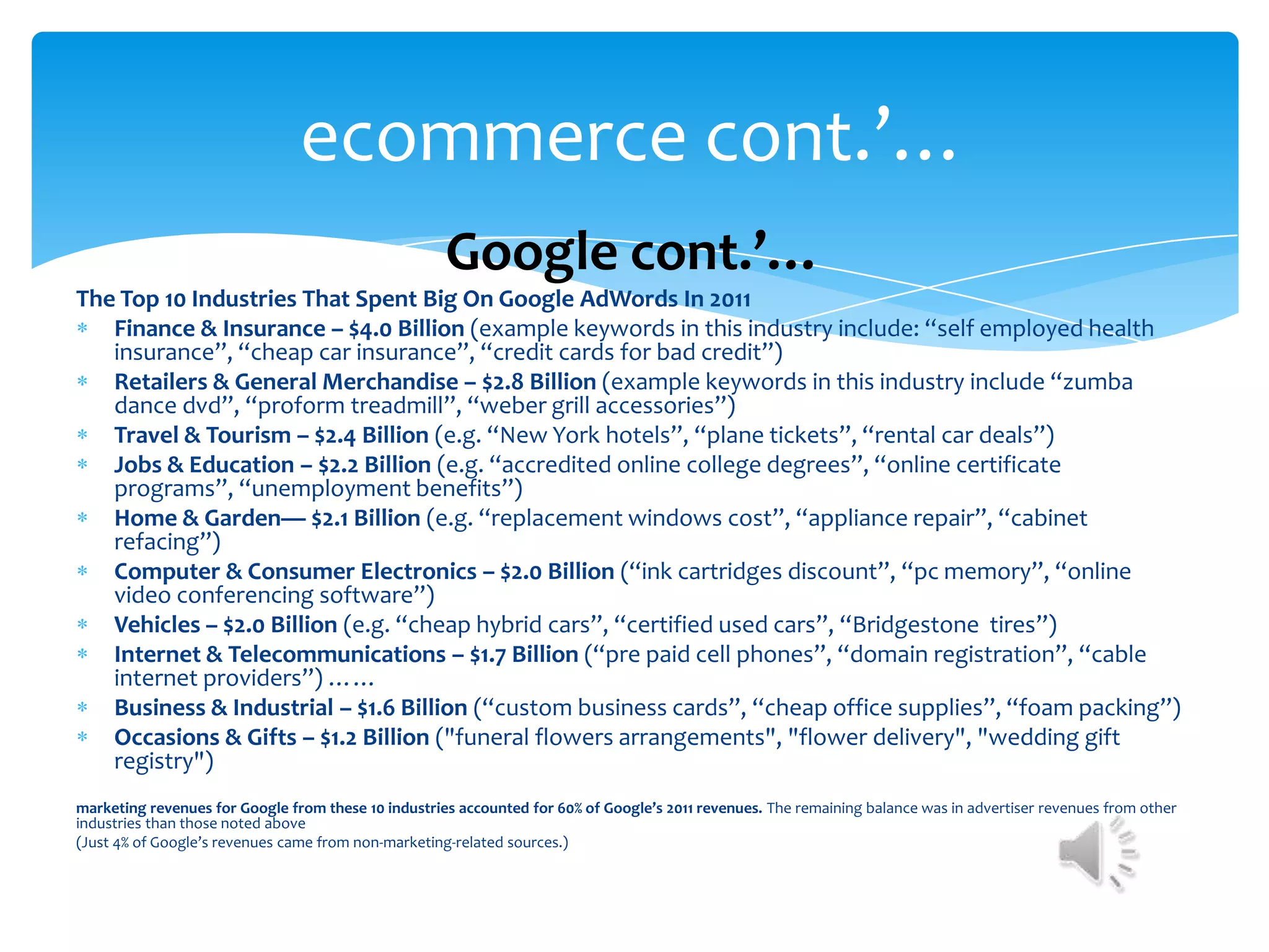 ecommerce cont.’…
                                                     Google cont.’…
The Top 10 Industries That Spent Big On Google AdWords In 2011
   Finance & Insurance – $4.0 Billion (example keywords in this industry include: “self employed health
   insurance”, “cheap car insurance”, “credit cards for bad credit”)
   Retailers & General Merchandise – $2.8 Billion (example keywords in this industry include “zumba
   dance dvd”, “proform treadmill”, “weber grill accessories”)
   Travel & Tourism – $2.4 Billion (e.g. “New York hotels”, “plane tickets”, “rental car deals”)
   Jobs & Education – $2.2 Billion (e.g. “accredited online college degrees”, “online certificate
   programs”, “unemployment benefits”)
   Home & Garden— $2.1 Billion (e.g. “replacement windows cost”, “appliance repair”, “cabinet
   refacing”)
   Computer & Consumer Electronics – $2.0 Billion (“ink cartridges discount”, “pc memory”, “online
   video conferencing software”)
   Vehicles – $2.0 Billion (e.g. “cheap hybrid cars”, “certified used cars”, “Bridgestone tires”)
   Internet & Telecommunications – $1.7 Billion (“pre paid cell phones”, “domain registration”, “cable
   internet providers”) ……
   Business & Industrial – $1.6 Billion (“custom business cards”, “cheap office supplies”, “foam packing”)
   Occasions & Gifts – $1.2 Billion ("funeral flowers arrangements", "flower delivery", "wedding gift
   registry")
marketing revenues for Google from these 10 industries accounted for 60% of Google’s 2011 revenues. The remaining balance was in advertiser revenues from other
industries than those noted above
(Just 4% of Google’s revenues came from non-marketing-related sources.)
 