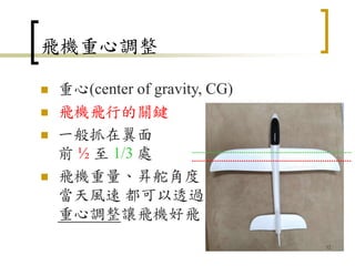 飛機重心調整
 重心(center of gravity, CG)
 飛機飛行的關鍵
 一般抓在翼面
前 ½ 至 1/3 處
 飛機重量、昇舵角度
當天風速 都可以透過
重心調整讓飛機好飛
32
 