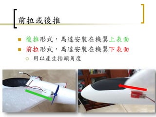 前拉或後推
 後推形式，馬達安裝在機翼上表面
 前拉形式，馬達安裝在機翼下表面
 用以產生抬頭角度
48
 