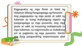 Pagpupuksa ng mga Peste at Sakit ng
Halaman bilang Pangangalaga ng Pananim
Ang pagpupuksa ng mga peste at sakit ng
halaman ay isang mahalagang aspeto ng
pangangalaga sa mga pananim. Ang mga
peste at sakit ay maaaring makapinsala sa
mga halaman, na nagreresulta sa mababang
ani at pagkasira ng mga pananim. Narito
ang ilang pangunahing impormasyon ukol
dito:
 