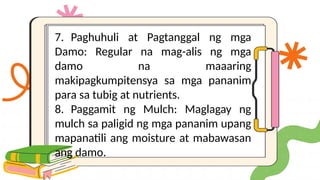 7. Paghuhuli at Pagtanggal ng mga
Damo: Regular na mag-alis ng mga
damo na maaaring
makipagkumpitensya sa mga pananim
para sa tubig at nutrients.
8. Paggamit ng Mulch: Maglagay ng
mulch sa paligid ng mga pananim upang
mapanatili ang moisture at mabawasan
ang damo.
 