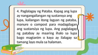 4. Paglalagay ng Pataba. Kapag ang lupa
ay nangangailangan ng sustansya ang
lupa, kailangan itong lagyan ng pataba,
manure o compost para madagdagan
ang sustansiya ng lupa. Ang paglalagay
ng patabay ay maaring ihalo sa lupa
bago magtanim o kaya ay ilalagay sa
tamang layo mula sa halaman.
 