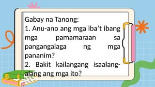 Gabay na Tanong:
1. Anu-ano ang mga iba’t ibang
mga pamamaraan sa
pangangalaga ng mga
pananim?
2. Bakit kailangang isaalang-
alang ang mga ito?
 