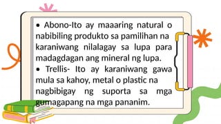 • Abono-Ito ay maaaring natural o
nabibiling produkto sa pamilihan na
karaniwang nilalagay sa lupa para
madagdagan ang mineral ng lupa.
• Trellis- Ito ay karaniwang gawa
mula sa kahoy, metal o plastic na
nagbibigay ng suporta sa mga
gumagapang na mga pananim.
 
