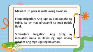 Mainam ito para sa malalaking sakahan.
Flood Irrigation: Ang lupa ay pinapabaha ng
tubig. Ito ay mas ginagamit sa mga paddy
field.
Subsurface Irrigation: Ang tubig ay
inilalabas mula sa ilalim ng lupa upang
maabot ang mga ugat ng halaman.
 
