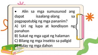 • Alin sa mga sumusunod ang
dapat isaalang-alang sa
pagpapatubig ng mga pananim?
A) Uri ng lupa at kondisyon ng
panahon
B) Sukat ng mga ugat ng halaman
C) Bilang ng mga insekto sa paligid
D) Kulay ng mga dahon
 