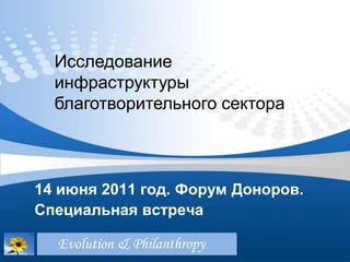 14 июня 2011 год. Форум Доноров.
Специальная встреча
Evolution & Philanthropy
Исследование
инфраструктуры
благотворительного сектора
 