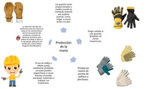 Protección
de la
mano
Los guantes serán
proporcionados y
usados cuando se
manipule material
que pudiese
quemar, cortar,
rasgar, o causar
lesión a la piel.
Tenga cuidado al
usar guantes
alrededor de
ciertas
maquinarias.
Proteja las
manos de
puntos de
pellizco o
pinchazos.
El uso de anillos y
relojes queda
totalmente prohibido.
Las joyas pueden
engancharse y causar
lesiones al escalar,
manipular materiales o
trabajar con
maquinaria.
La selección del tipo de
protección para las manos se
basa en las características
del funcionamiento del
producto, el grado de
destreza necesaria para
realizar el trabajo o tarea, y
la apropiada aplicación de
protección contra el(los)
riesgo(s) identificado(s).
 