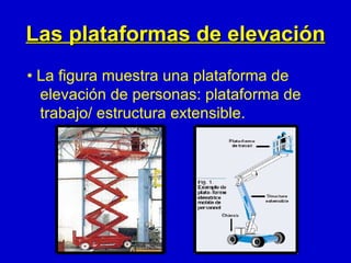 Las plataformas de elevación
• La figura muestra una plataforma de
  elevación de personas: plataforma de
  trabajo/ estructura extensible.
 