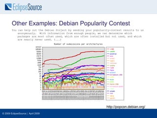 Other Examples: Debian Popularity Contest
        You can help out the Debian Project by sending your popularity-contest results to us
            anonymously. With information from enough people, we can determine which
            packages are most often used, which are often installed but not used, and which
            are nearly never used. (...)




                                                                    http://popcon.debian.org/
© 2009 EclipseSource | April 2009
 