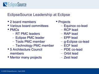 EclipseSource Leadership at Eclipse
         2 board members            Projects
         Various board committees     – Equinox co-lead
         PMCs                         – RCP lead
            – RT PMC leaders           – RAP lead
            – Eclipse PMC leader       – EPP lead
            – Tools PMC member         – g-Eclipse co-lead
            – Technology PMC member    – ECF lead
         5 Architecture Council       – PDE co-lead
          members                      – Orbit lead
         Mentor many projects         – Zest lead



© 2009 EclipseSource | April 2009
 