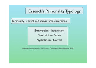 Eysenck’s Personality Typology

Personality is structured across three dimensions:


                         Extraversion - Intraversion
                             Neuroticism - Stable
                           Psychoticism - Normal

         Asssessed objectively by the Eysenck Personality Questionnaire (EPQ)
 