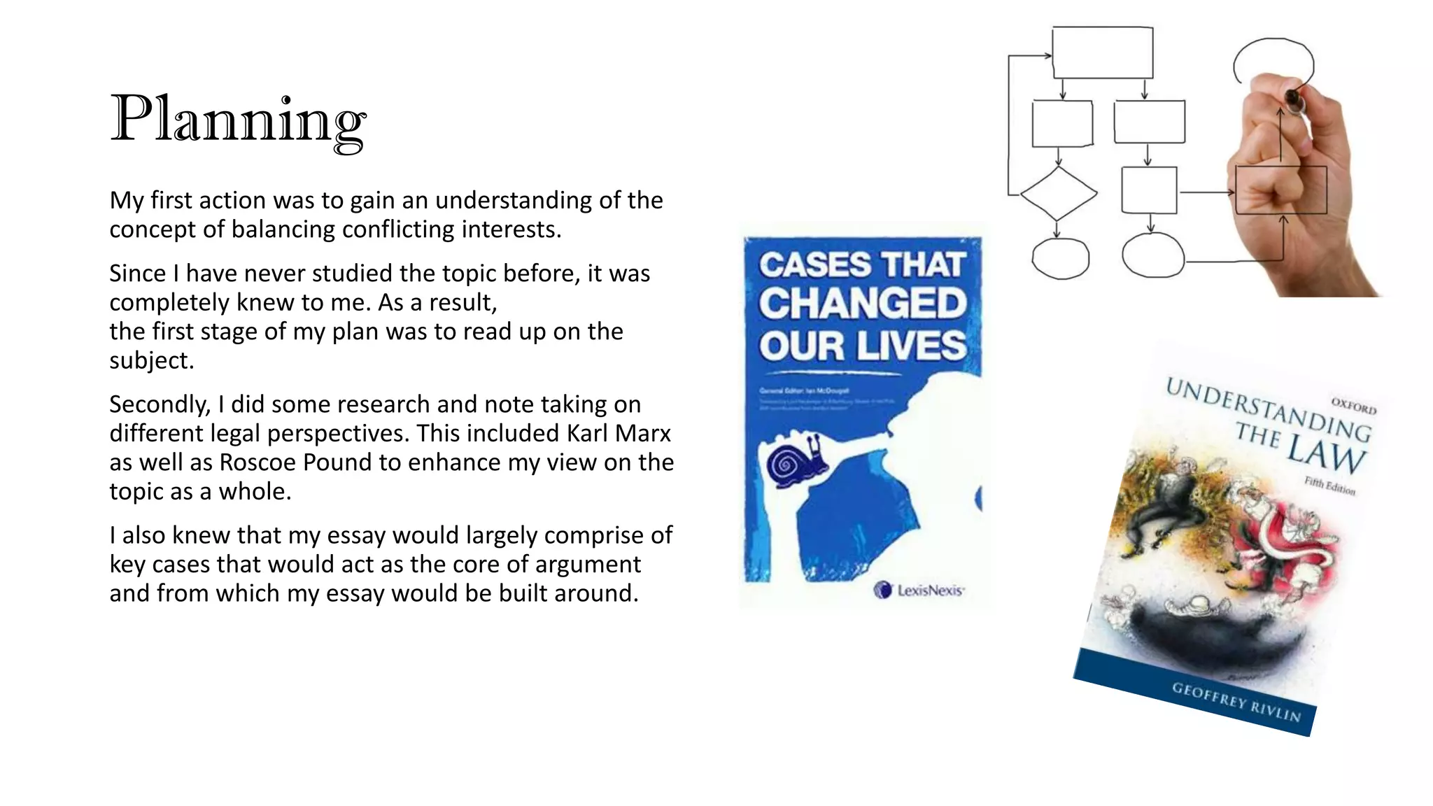 Planning
My first action was to gain an understanding of the
concept of balancing conflicting interests.
Since I have never studied the topic before, it was
completely knew to me. As a result,
the first stage of my plan was to read up on the
subject.
Secondly, I did some research and note taking on
different legal perspectives. This included Karl Marx
as well as Roscoe Pound to enhance my view on the
topic as a whole.
I also knew that my essay would largely comprise of
key cases that would act as the core of argument
and from which my essay would be built around.
 