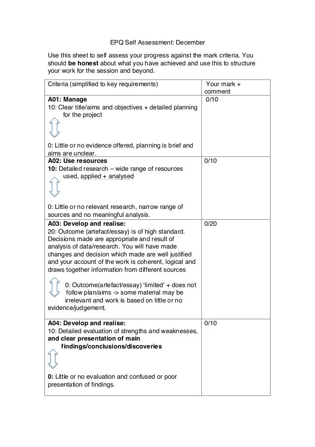 Epq Self Assessment Handout Epq Self Assessment Handout