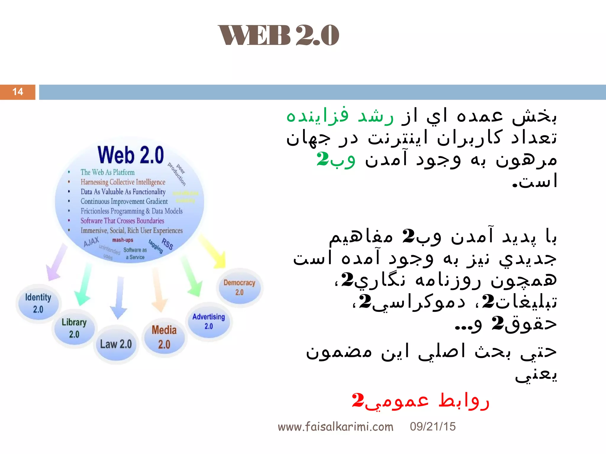 WEB2.0
‫از‬ ‫اي‬ ‫عمده‬ ‫بخش‬‫فزاينده‬ ‫رشد‬
‫جهان‬ ‫در‬ ‫اينترنت‬ ‫کاربران‬ ‫تعداد‬
‫آمدن‬ ‫وجود‬ ‫به‬ ‫مرهون‬‫وب‬2
.‫است‬
‫وب‬ ‫آمدن‬ ‫پديد‬ ‫با‬2‫مفاهيم‬
‫است‬ ‫آمده‬ ‫وجود‬ ‫به‬ ‫نيز‬ ‫جديدي‬
‫نگاري‬ ‫روزنامه‬ ‫همچون‬2،
‫تبليغات‬2‫دموکراسي‬ ،2،
‫حقوق‬2...‫و‬
‫اين‬ ‫اصلي‬ ‫بحث‬ ‫حتي‬‫مضمون‬
‫يعني‬
‫عمومي‬ ‫روابط‬2
09/21/15www.faisalkarimi.com
14
 