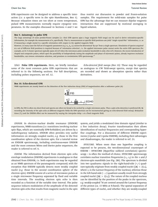 2542 | Chem. Soc. Rev., 2018, 47, 2534--2553 This journal is ©The Royal Society of Chemistry 2018
EPR experiments can be designed to address a specific inter-
action (i.e. a specific term in the spin Hamiltonian, Box 1).
Because relaxation times are too short at room temperature,
pulsed EPR measurements normally require cryogenic tem-
peratures. In the examples discussed in Sections 4 and 5 we
thus restrict our discussion to powder and frozen-solution
samples. The requirement for solid-state samples for pulse
EPR has the advantage that we can measure dipolar magnetic
interactions that are suppressed by motional averaging in
liquid solution.
Box 9. Anisotropy in pulse EPR
The large anisotropy of some powder/frozen samples (i.e. their EPR spectra span a large magnetic field range) can be used to derive orientation-specific
information, for example the measurement of Az specifically. That is, measurements at specific field positions can yield ‘‘single crystal-like’’ information, i.e. as
if measuring a single crystal in a specific orientation with respect to the applied magnetic field.
However, in many cases the full set of magnetic parameters (e.g. Ax, Ay, Az) cannot be determined ‘by eye’ from a single spectrum. Simulation of spectra acquired
at a set of diﬀerent field positions is required because of ‘orientation selection’, i.e. the applied microwave pulse cannot excite the entire EPR spectrum (for
example, an Fe–S cluster spectrum typically spans 40 mT when the microwave pulse excitation bandwidth is only a few mT). However, the recent introduction of
shaped and composite pulses, which open the possibility of independently tuning the amplitude and phase of microwave pulses, already improves excitation
bandwidths, can remove orientation selection, and promises to revolutionise EPR spectroscopy.14
2.9.3 Pulse EPR experiments. Here, we briefly introduce
some of the most common pulse EPR experiments that are
referred to in the following sections. For full descriptions,
including pulses sequences, see ref. 12.
Echo-detected field sweeps (Box 10). These may be regarded
as analogous to CW field-swept spectra, except that spectra
are recorded and shown as absorption spectra rather than
derivatives.
Box 10. Echo-detected EPR
NMR experiments are mostly based on the detection of the free induction decay (FID) of magnetization after a radiowave pulse (A):
in EPR, the FID is often too short-lived and spectra are often too broad to be excited by a single microwave pulse. Thus a spin echo detection is preferred (B). By
recording the intensity of the spin echo at diﬀerent magnetic fields the EPR spectrum can be reconstructed (giving an echo-detected field sweep). Relaxation
times (T2) and the ESEEM eﬀect can be measured by varying the interpulse delay t at a fixed magnetic field.
ENDOR. In electron–nuclear double resonance (ENDOR)
experiments, NMR transitions (i.e. transitions involving nuclear
spin flips, which are nominally EPR-forbidden) are driven by a
radiofrequency radiation. ENDOR often provides very useful
information on strongly coupled nuclei, e.g. those in the first
coordination sphere of the electron spin. For a tutorial review
on ENDOR spectroscopy, including continuous-wave ENDOR
and the most common Mims and Davies pulse sequences, the
reader is referred to ref. 6.
ESEEM. The information derived from electron spin echo
envelope modulation (ESEEM) experiments is analogous to that
obtained from ENDOR, i.e. both experiments may be regarded
as an NMR spectrum of the paramagnetic compound, with the
exception that ESEEM typically detects more weakly coupled
nuclei (e.g. those in the second coordination sphere of the
electron spin). ESEEM consist of a series of microwave pulses at
a single microwave frequency separated by fixed and variable
time intervals. The resulting electron spin echo is then
recorded as a function of the variable time interval. The pulse
sequence induces modulation of the amplitude of the detected
electron spin echo that results from magnetic nuclei in the spin
system, and yields a modulated time domain signal (similar to
a free induction decay). Fourier transformation then allows
identification of nuclear frequencies and corresponding hyper-
fine couplings. For a discussion of diﬀerent ESEEM experi-
ments (2-pulse and 3-pulse ESEEM), including their advantages
and disadvantages, the reader is referred to ref. 23.
HYSCORE. When more than one hyperfine coupling is
expected to be present, the two-dimensional counterpart of
ESEEM – HYSCORE (Hyperfine sublevel correlation) spectro-
scopy – is often the method of choice. HYSCORE spectroscopy
correlates nuclear transition frequencies (na, nb) in the a and b
electron-spin manifolds (see Fig. 2Bi). The spectrum is divided
into two quadrants: signals in the right-hand-side (+,+) quad-
rant typically originate from weakly coupled nuclei (|A| o 2|nI|,
where nI is the Larmor frequency of the nucleus), whereas those
in the left-hand-side (,+) quadrant usually result from strongly
coupled nuclei (|A| 4 2|nI|). The nature of the coupled nucleus
can be identified by the position of the peaks in the spectrum,
e.g. weakly-coupled 1
H are centred around the Larmor frequency
of the proton (ca. 15 MHz at X-band). The spatial separation of
different types of nuclei, and whether they are weakly-coupled
Chem Soc Rev Tutorial Review
Published
on
02
March
2018.
Downloaded
by
California
State
University
at
Fresno
on
04/05/2018
16:14:13.
View Article Online
 