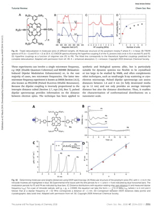 This journal is ©The Royal Society of Chemistry 2018 Chem. Soc. Rev., 2018, 47, 2534--2553 | 2551
These experiments can involve a single microwave frequency,
e.g. DQC (Double Quantum Coherence) and RIDME (Relaxation-
Induced Dipolar Modulation Enhancement) or, in the vast
majority of cases, two microwave frequencies. The latter two-
microwave frequency experiment is known as DEER (Section 2.8.3),
also known as PELDOR (Pulsed ELectron DOuble Resonance).
Because the dipolar coupling is inversely proportional to the
interspin distance cubed (Section 2.7, eqn (10), Box 7), pulsed
dipolar spectroscopy provides information on the distance
between electron spins. The technique has been applied to
synthetic and biological systems alike, but is particularly
suitable for dynamic systems too flexible to be crystallised
or too large to be studied by NMR, and often complements
other techniques, such as small-angle X-ray scattering or cryo-
electron microscopy. Pulsed dipolar spectroscopy can assess
distances between 1.8 and 8 nm (in fully deuterated media
up to 13 nm) and not only provides an average interspin
distance but also the distance distribution. Thus, it enables
the characterisation of conformational distributions on a
nanometer scale.
Fig. 15 Triplet delocalisation in molecular wires of diﬀerent lengths. (A) Molecular structure of the porphyrin moiety P where R = n-hexyl. (B) TREPR
spectra of P1 (n = 1) and P2 (n = 2) at 20 K. (C) ENDOR spectra showing the hyperfine coupling A of the H1 protons (red circle in A) in excited P1 and P2.
(D) Hyperfine couplings as a function of oligomer size (P1 to P6). The fitted line corresponds to the theoretical hyperfine couplings predicted for
complete delocalization. Adapted with permission from ref. 49. A = enhanced absorption; E = emission. Copyright 2015 American Chemical Society.
Fig. 16 Determining molecular wire lengths (distances) using DEER spectroscopy. (A) Molecular structure of the porphyrin wires (Pn), with n = 1 to 4; the
nitroxide moieties are highlighted in blue. (B) Experimental time traces with fits (the periods for n = 1 and n = 4 are indicated by blue horizontal bars). The
modulation periods for P1 and P4 are indicated by blue bars. (C) Distance distributions with equation relating inter-spin distance (r) and measured dipolar
frequency (ndip). For a pair of nitroxide radicals, with g1 = g2 E 2.0069, the equation can take the form r ¼
ﬃﬃﬃﬃﬃﬃﬃﬃﬃﬃﬃﬃﬃﬃﬃﬃﬃﬃﬃﬃﬃﬃﬃﬃﬃﬃﬃﬃﬃﬃﬃﬃﬃﬃ
52:19 MHz

ndip
3
q
(where r is in nm) and it
follows that at a dipolar frequency of B52 MHz corresponds a distance of B1 nm. (D) Comparison between DEER distances (data points) and
crystallographic data (solid line). Adapted with permission from ref. 50. Copyright 2009 American Chemical Society.
Tutorial Review Chem Soc Rev
Published
on
02
March
2018.
Downloaded
by
California
State
University
at
Fresno
on
04/05/2018
16:14:13.
View Article Online
 