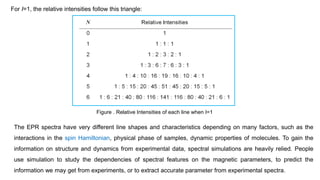 For I=1, the relative intensities follow this triangle:
The EPR spectra have very different line shapes and characteristics depending on many factors, such as the
interactions in the spin Hamiltonian, physical phase of samples, dynamic properties of molecules. To gain the
information on structure and dynamics from experimental data, spectral simulations are heavily relied. People
use simulation to study the dependencies of spectral features on the magnetic parameters, to predict the
information we may get from experiments, or to extract accurate parameter from experimental spectra.
Figure . Relative Intensities of each line when I=1
 