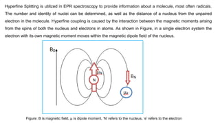 Hyperfine Splitting is utilized in EPR spectroscopy to provide information about a molecule, most often radicals.
The number and identity of nuclei can be determined, as well as the distance of a nucleus from the unpaired
electron in the molecule. Hyperfine coupling is caused by the interaction between the magnetic moments arising
from the spins of both the nucleus and electrons in atoms. As shown in Figure, in a single electron system the
electron with its own magnetic moment moves within the magnetic dipole field of the nucleus.
Figure: B is magnetic field, μ is dipole moment, ‘N’ refers to the nucleus, ‘e’ refers to the electron
 