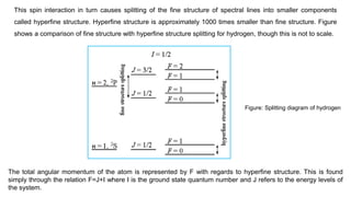 This spin interaction in turn causes splitting of the fine structure of spectral lines into smaller components
called hyperfine structure. Hyperfine structure is approximately 1000 times smaller than fine structure. Figure
shows a comparison of fine structure with hyperfine structure splitting for hydrogen, though this is not to scale.
Figure: Splitting diagram of hydrogen
The total angular momentum of the atom is represented by F with regards to hyperfine structure. This is found
simply through the relation F=J+I where I is the ground state quantum number and J refers to the energy levels of
the system.
 