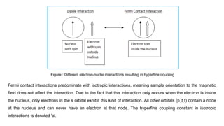 Fermi contact interactions predominate with isotropic interactions, meaning sample orientation to the magnetic
field does not affect the interaction. Due to the fact that this interaction only occurs when the electron is inside
the nucleus, only electrons in the s orbital exhibit this kind of interaction. All other orbitals (p,d,f) contain a node
at the nucleus and can never have an electron at that node. The hyperfine coupling constant in isotropic
interactions is denoted 'a'.
Figure : Different electron-nuclei interactions resulting in hyperfine coupling
 