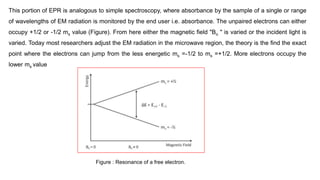 This portion of EPR is analogous to simple spectroscopy, where absorbance by the sample of a single or range
of wavelengths of EM radiation is monitored by the end user i.e. absorbance. The unpaired electrons can either
occupy +1/2 or -1/2 ms value (Figure). From here either the magnetic field "Bo " is varied or the incident light is
varied. Today most researchers adjust the EM radiation in the microwave region, the theory is the find the exact
point where the electrons can jump from the less energetic ms =-1/2 to ms =+1/2. More electrons occupy the
lower ms value
Figure : Resonance of a free electron.
 