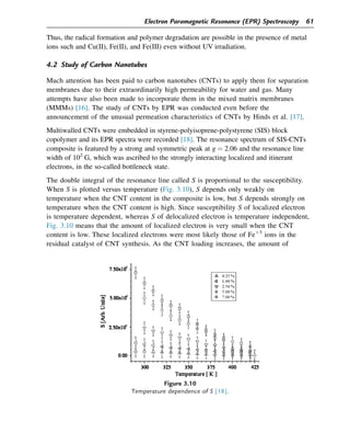 Thus, the radical formation and polymer degradation are possible in the presence of metal
ions such and Cu(II), Fe(II), and Fe(III) even without UV irradiation.
4.2 Study of Carbon Nanotubes
Much attention has been paid to carbon nanotubes (CNTs) to apply them for separation
membranes due to their extraordinarily high permeability for water and gas. Many
attempts have also been made to incorporate them in the mixed matrix membranes
(MMMs) [16]. The study of CNTs by EPR was conducted even before the
announcement of the unusual permeation characteristics of CNTs by Hinds et al. [17].
Multiwalled CNTs were embedded in styrene-polyisoprene-polystyrene (SIS) block
copolymer and its EPR spectra were recorded [18]. The resonance spectrum of SIS-CNTs
composite is featured by a strong and symmetric peak at g ¼ 2.06 and the resonance line
width of 102
G, which was ascribed to the strongly interacting localized and itinerant
electrons, in the so-called bottleneck state.
The double integral of the resonance line called S is proportional to the susceptibility.
When S is plotted versus temperature (Fig. 3.10), S depends only weakly on
temperature when the CNT content in the composite is low, but S depends strongly on
temperature when the CNT content is high. Since susceptibility S of localized electron
is temperature dependent, whereas S of delocalized electron is temperature independent,
Fig. 3.10 means that the amount of localized electron is very small when the CNT
content is low. These localized electrons were most likely those of Feþ3
ions in the
residual catalyst of CNT synthesis. As the CNT loading increases, the amount of
Figure 3.10
Temperature dependence of S [18].
Electron Paramagnetic Resonance (EPR) Spectroscopy 61
 