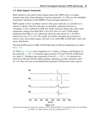 4.3 Metal Organic Frameworks
Much attention is also paid to metal organic frameworks (MOFs) due to its unique
structures that allow strong adsorption of gaseous molecules [20]. They are also embedded
in polymeric membrane to form MMMs for gas and liquid separation [21].
MOF expands in their crystalline structure when guest molecules are adsorbed in it,
whereas it shrinks when the molecules are desorbed, a phenomena known as
“breathing.” It was confirmed by EPR that similar structural change takes place when
temperature changes from high (HT) to low (LT) and vice versa. Cr(III)-doped
aluminum-based MIL-53 was synthesized where the main metal ion is Al (99%),
whereas the rest of 1% is Cr. The sample was further calcinated and evacuated to
remove water and residual organic acid and it was called MIL-53(Al/Cr)deh, where deh
means dehydration.
The Q-band EPR spectra of MIL-53(Al/Cr)deh taken at different temperatures are shown
in Fig. 3.12.
At 295K (Fig. 3.12(a,b)), three singularities (q ¼ 0 degree, 42 degree, and 90 degree) of
the central MS ¼ 1/2 4 ½ transition appear between 1170 and 1320 mT. Furthermore,
two single q ¼ 90 degree edge singularities of the MS ¼  3/2 4 ½ transitions are
observed at 940 and 1540 mT without splitting, indicating an axially symmetric tensor
(E z 0). Then, the ratio of spin Hamiltonian parameters E/D becomes nearly equal to
Figure 3.12
Electron paramagnetic resonance spectra of MIL-53(Al/Cr)deh at (a) experimental, (b) simulated
at 295K, (c) experimental, and (d) simulated at 5K [21].
Electron Paramagnetic Resonance (EPR) Spectroscopy 63
 